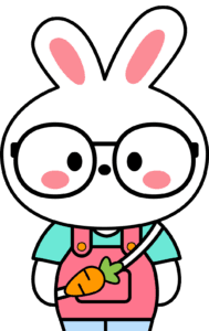 A cartoon bunny character with pink cheeks, round glasses, and wearing pink overalls featuring a carrot design, paired with a teal shirt - COCO Kids Dental
