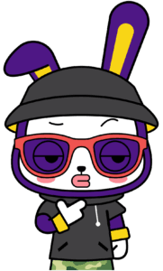 A cartoon bunny character with purple and yellow ears, wearing a black bucket hat, red glasses, a black hoodie, and camouflage pants, striking a thoughtful pose - COCO Kids Dental