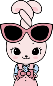 A cartoon bunny character with a twisted hair bun, oversized pink sunglasses, and wearing a cute pink and blue outfit with a bow - COCO Kids Dental