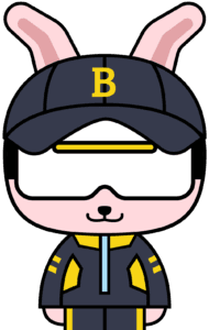 A cartoon bunny character wearing a navy blue cap with a yellow "B," large goggles, and a navy and yellow tracksuit - COCO Kids Dental