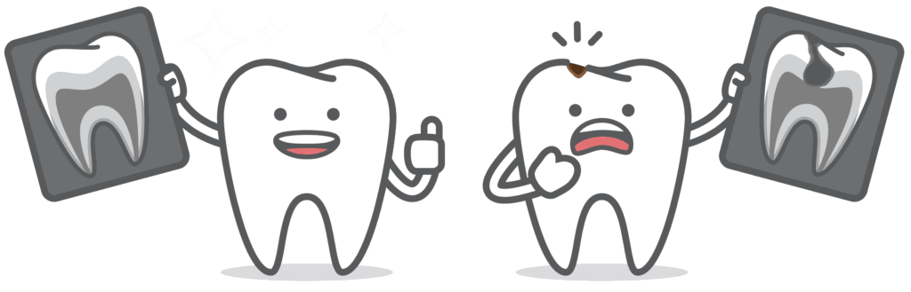 Dental cartoon of X-ray with Tooth characters compare good and bad condition illustration cartoon character vector design on blue background. Dental care concept.