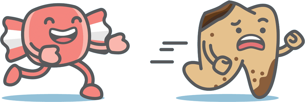 Cartoon candy character chasing a frightened decayed tooth, showing how sugar causes cavities – Exam and Preventive Dentistry.