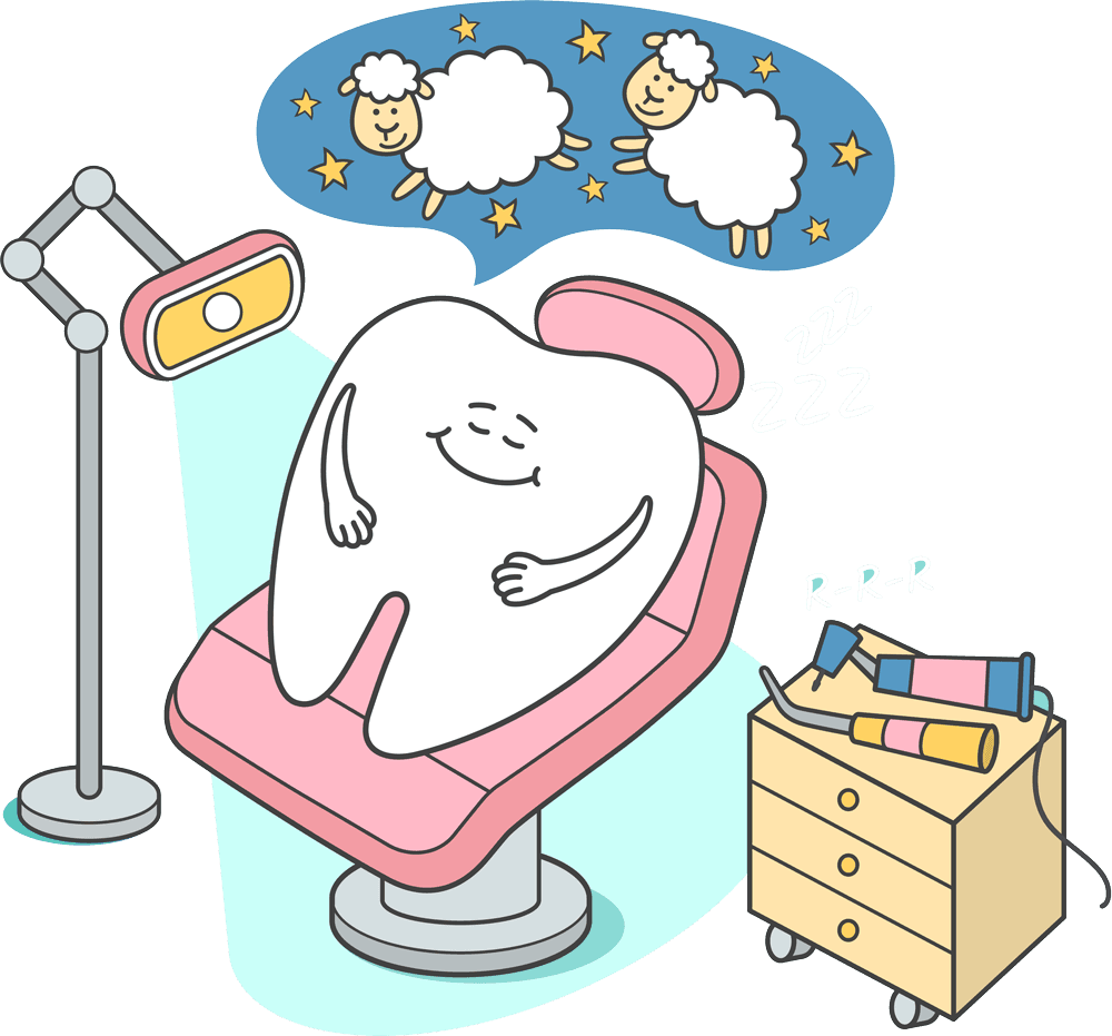 A cartoon illustration of a smiling tooth lying on a pink dental chair, dreaming of sheep jumping over stars, with dental equipment and a light nearby - COCO Kids Dental