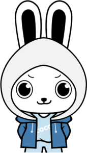 A cartoon bunny character wearing a hoodie with its ears poking through the hood, a blue jacket, and a confident expression - COCO Kids Dental