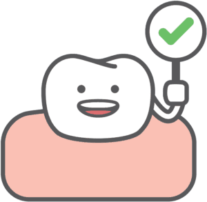 Smiling cartoon tooth holding a green checkmark sign, symbolizing successful dental treatment – Dental Fillings.