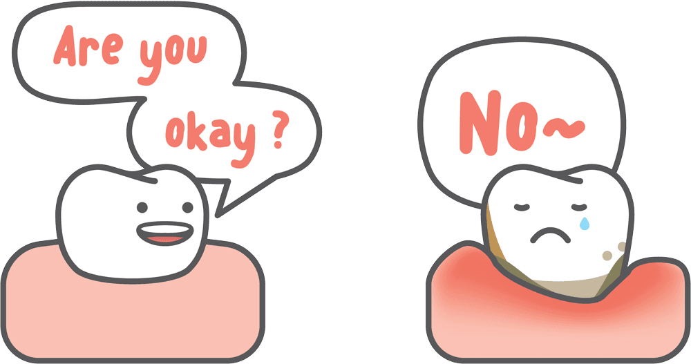 Cute illustration of two cartoon teeth, one asking “Are you okay?” and the other crying with gum problems – Dental Fillings.