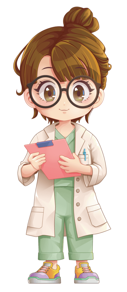 A chibi-style cartoon doctor with large glasses, a white coat over green scrubs, and colorful sneakers, holding a pink clipboard - COCO Kids Dental