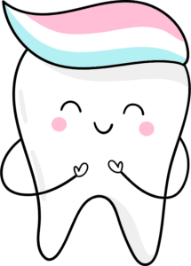 Cute smiling cartoon tooth with a colorful swirl of toothpaste on top, symbolizing daily brushing and dental prevention – Exam and Preventive Dentistry.